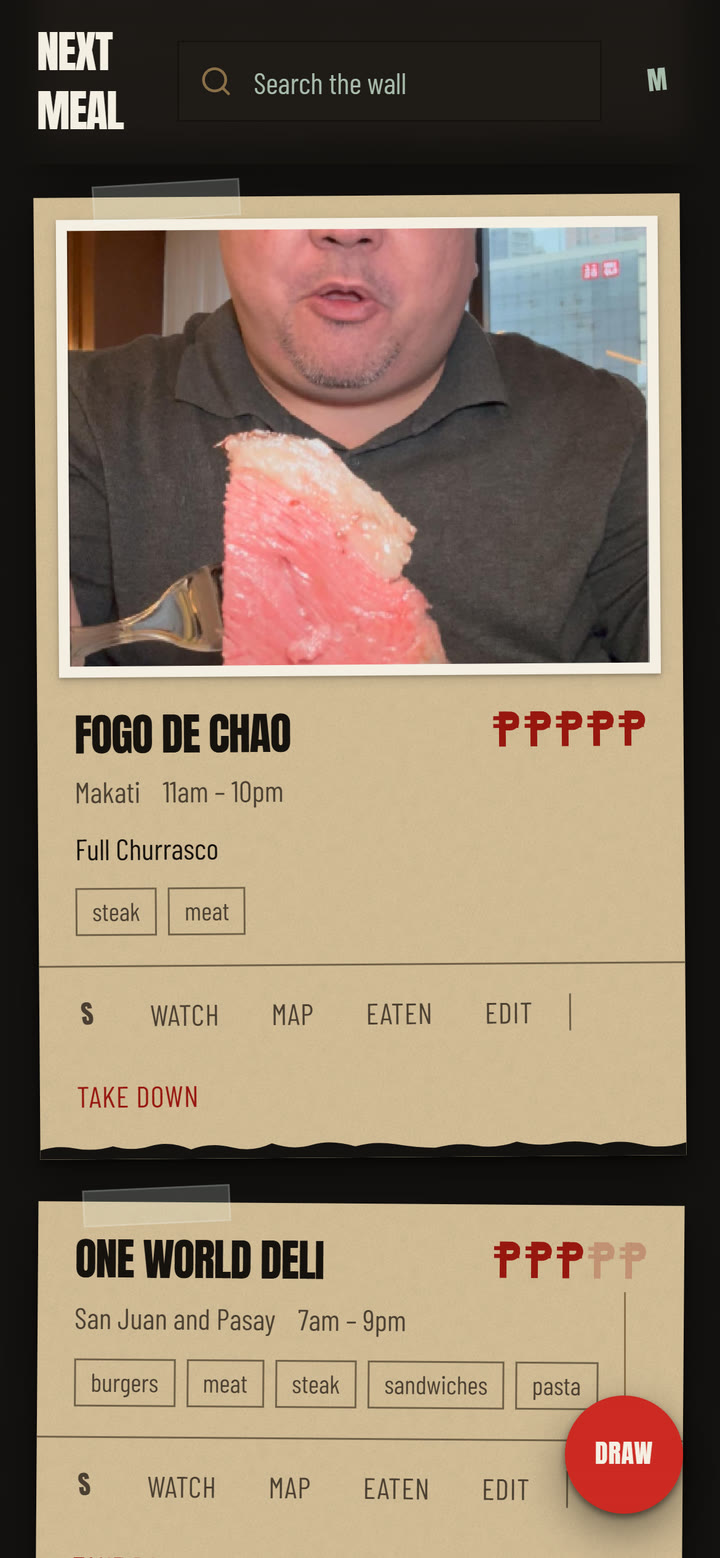 A spot card: Fogo de Chao with price, hours, tags and actions