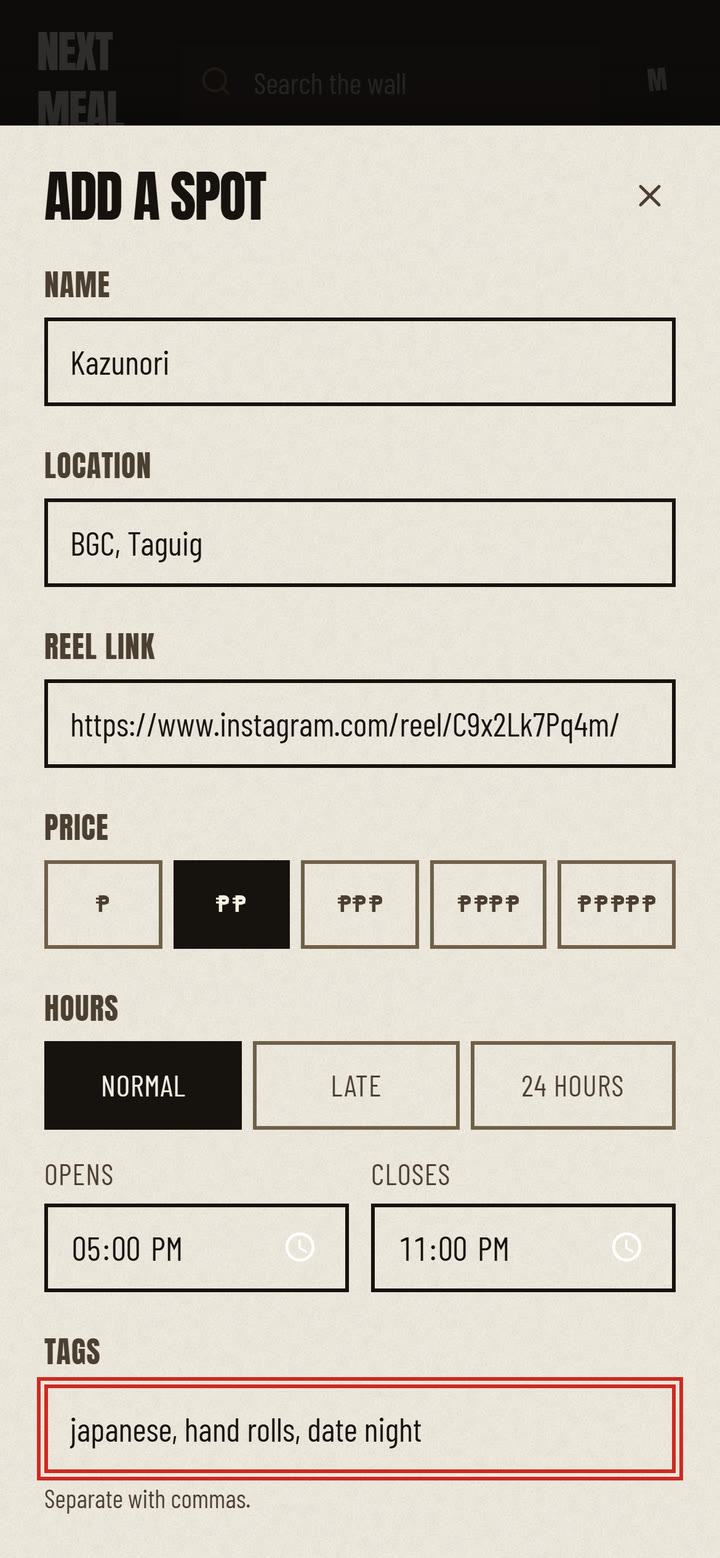 Add a spot sheet: name, location, reel link, price, hours and tags