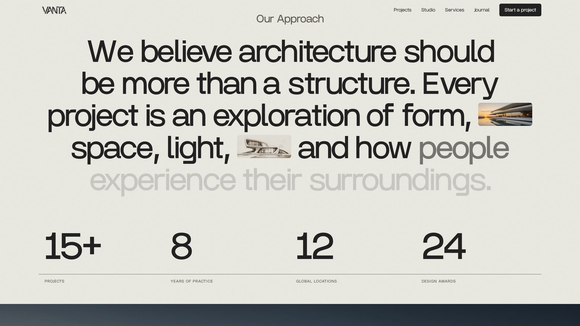 Approach statement with small inline images, over a row of studio numbers