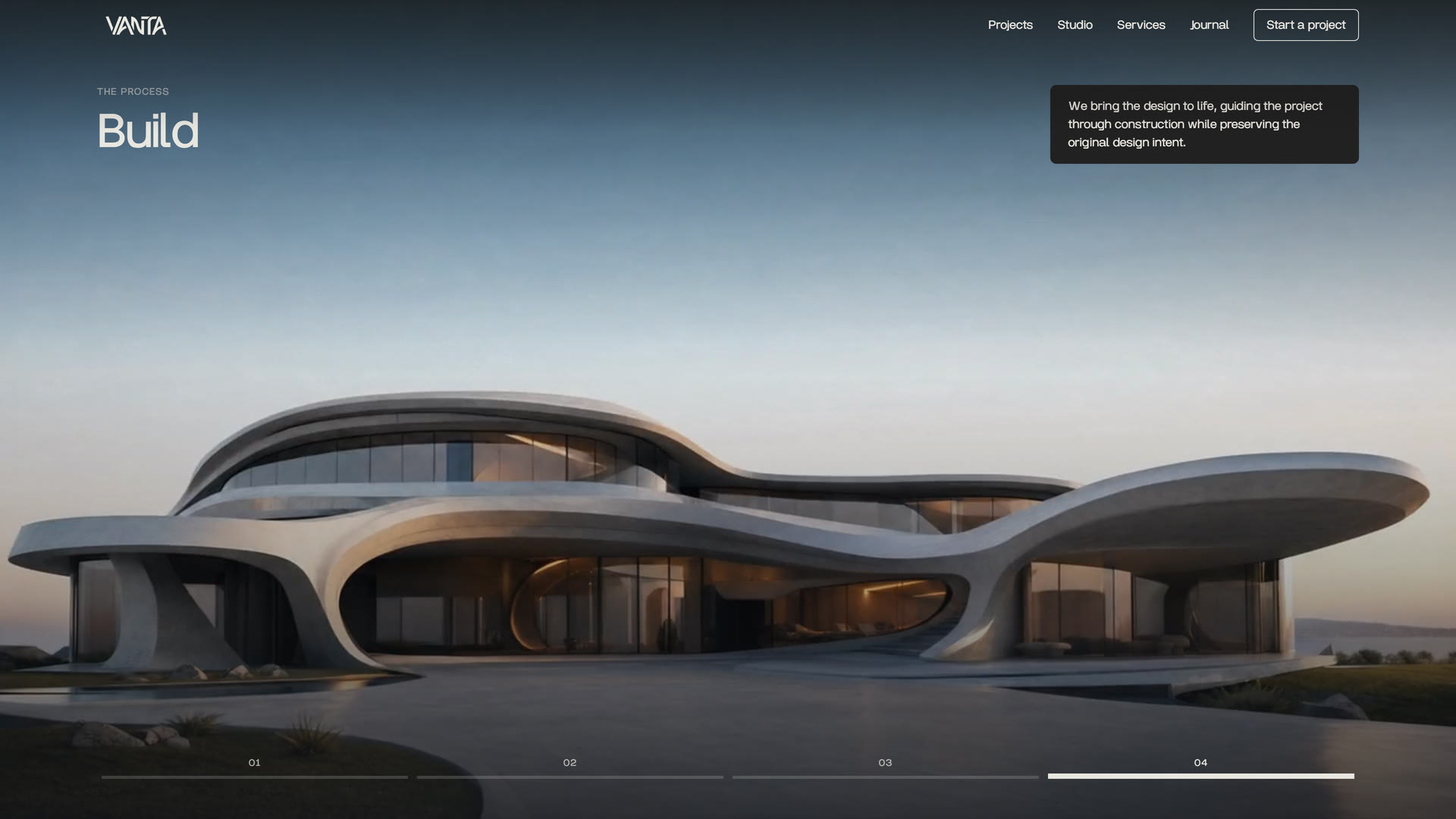 Process chapter “Build”: the finished curved house at blue hour